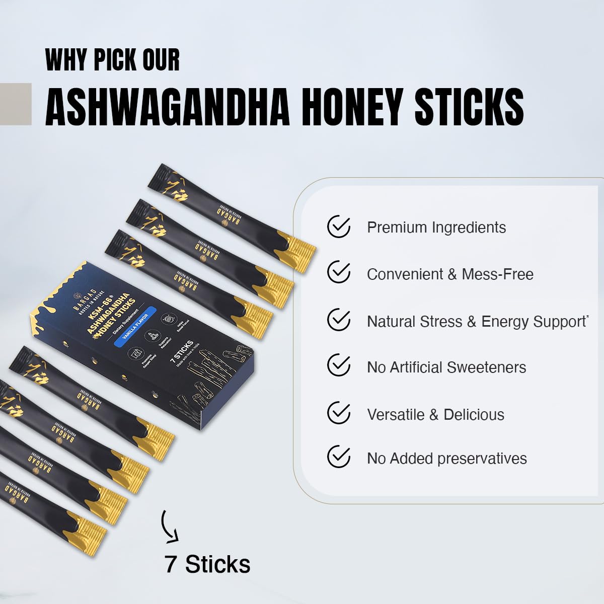 Bargad KSM-66 Ashwagandha Honey Sticks – Premium Organic Honey Infused with Adaptogenic Ashwagandha, Helps Promote Relaxation & Focus, Boosts Energy & Vitality, No Artificial Additives – 7 Count