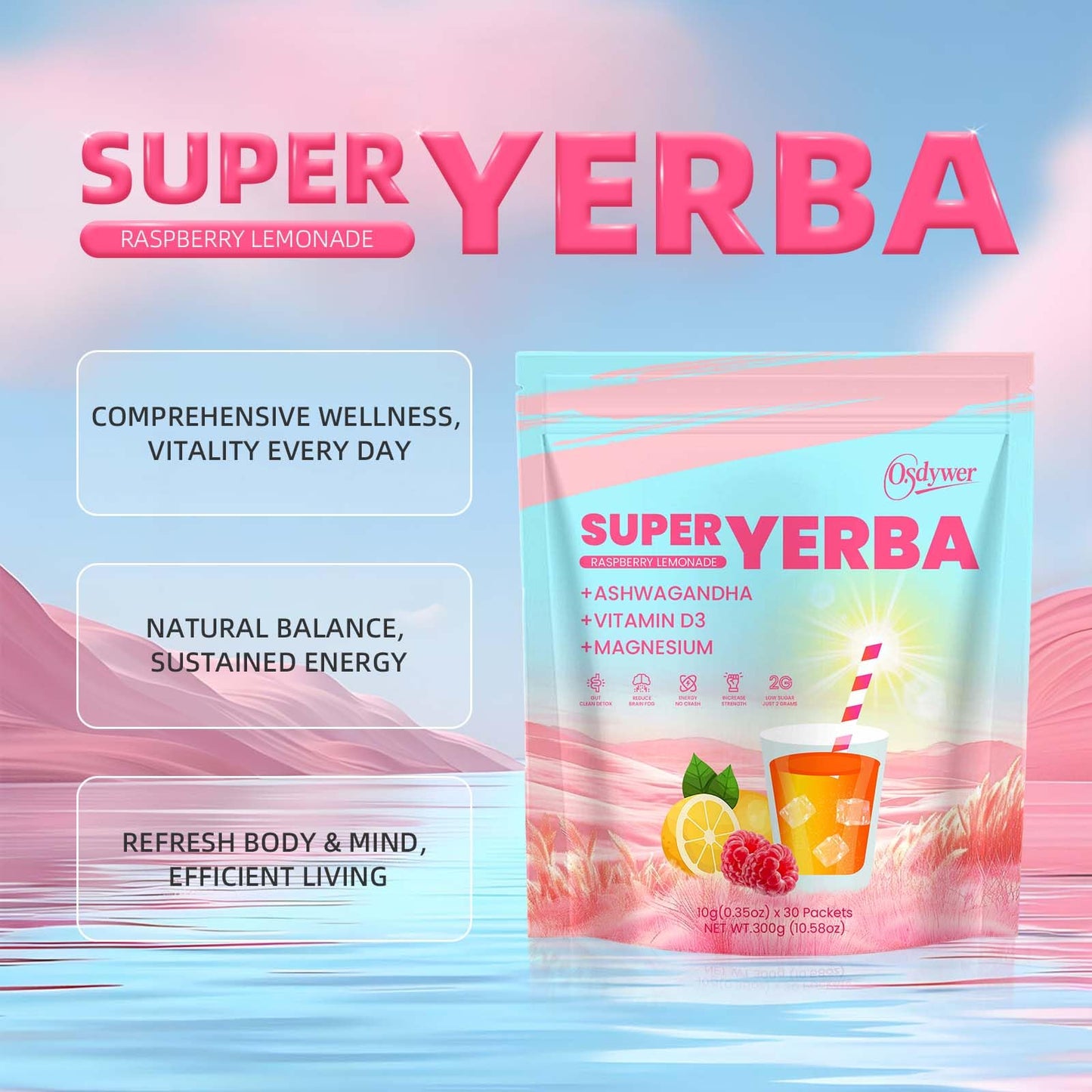 Super Yerba, Yerba Mate Instant Tea Powder –Raspberry Lemonade Flavor, Natural Energy & Focus Boost-30 Servings (1)