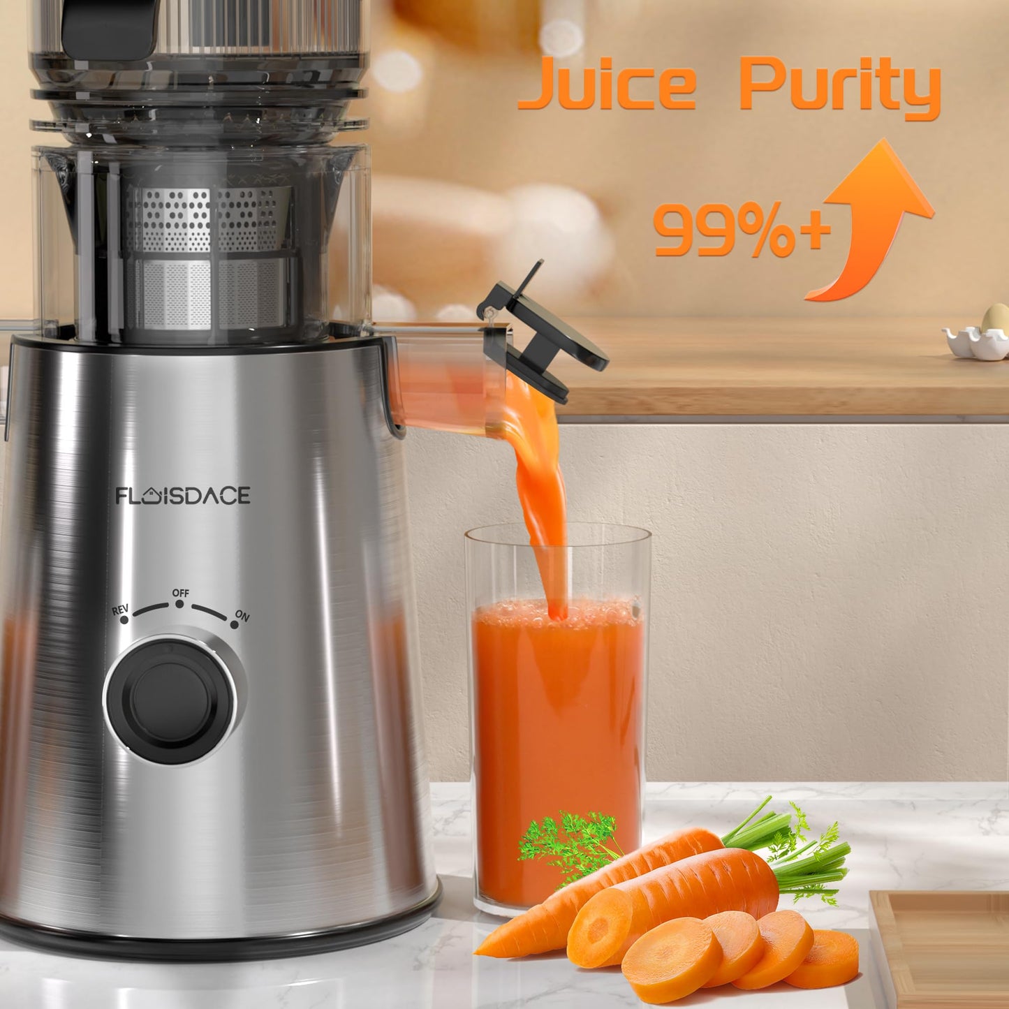 Cold Press Juicer, Slow Masticating Juicer Machines with 5" Feeding Chute Fit Whole Fruits&Vegetables, Stainless Steel Slow Masticating Juicer Easy to Clean, 99.6% Juice Purity, 1.5L Capacity.