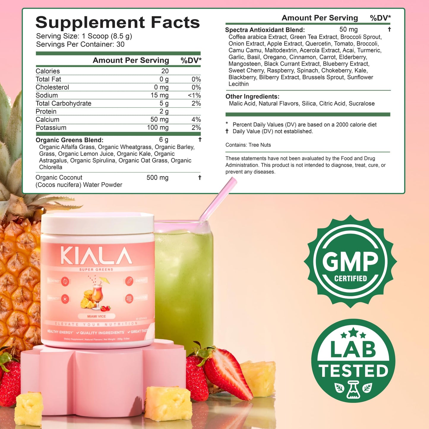 Kiala Nutrition Super Greens, Organic Greens Powder with Spirulina & Chlorella for Digestion, Gut Health, Immunity & Energy, Gluten Free, Vegan, Miami Vice + Watermelon Slush, 30 Servings Each