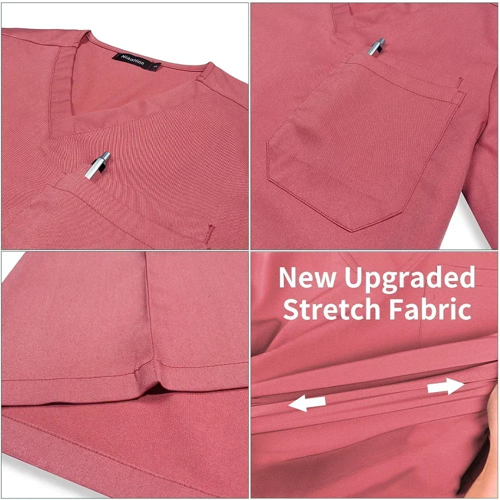 Scrubs Uniform Women Men Medical Nurse Uniforms Elastic Scrubs Top Hospital Surgical Gowns Pockets Blouse Nursing Accessories