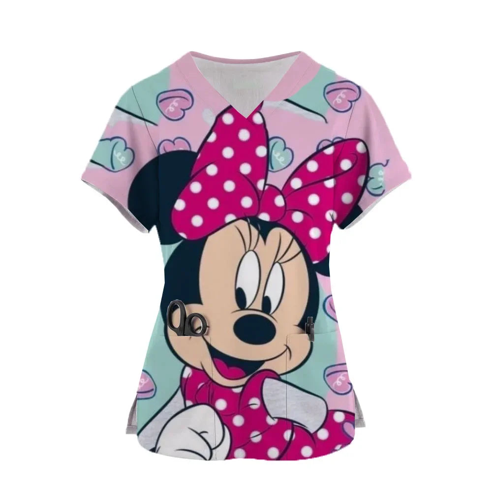 Nurse Uniform Disney Mickey Mouse Pocket V-Neck Nursing Scrubs Tops Workwear T-shirt Women Fashion Overalls Medical Uniforms