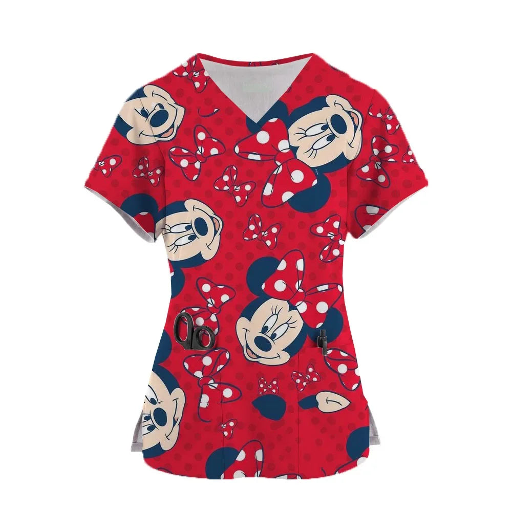 Nurse Uniform Disney Mickey Mouse Pocket V-Neck Nursing Scrubs Tops Workwear T-shirt Women Fashion Overalls Medical Uniforms