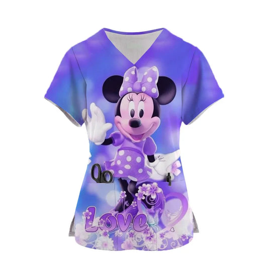 Nurse Uniform Disney Mickey Mouse Pocket V-Neck Nursing Scrubs Tops Workwear T-shirt Women Fashion Overalls Medical Uniforms