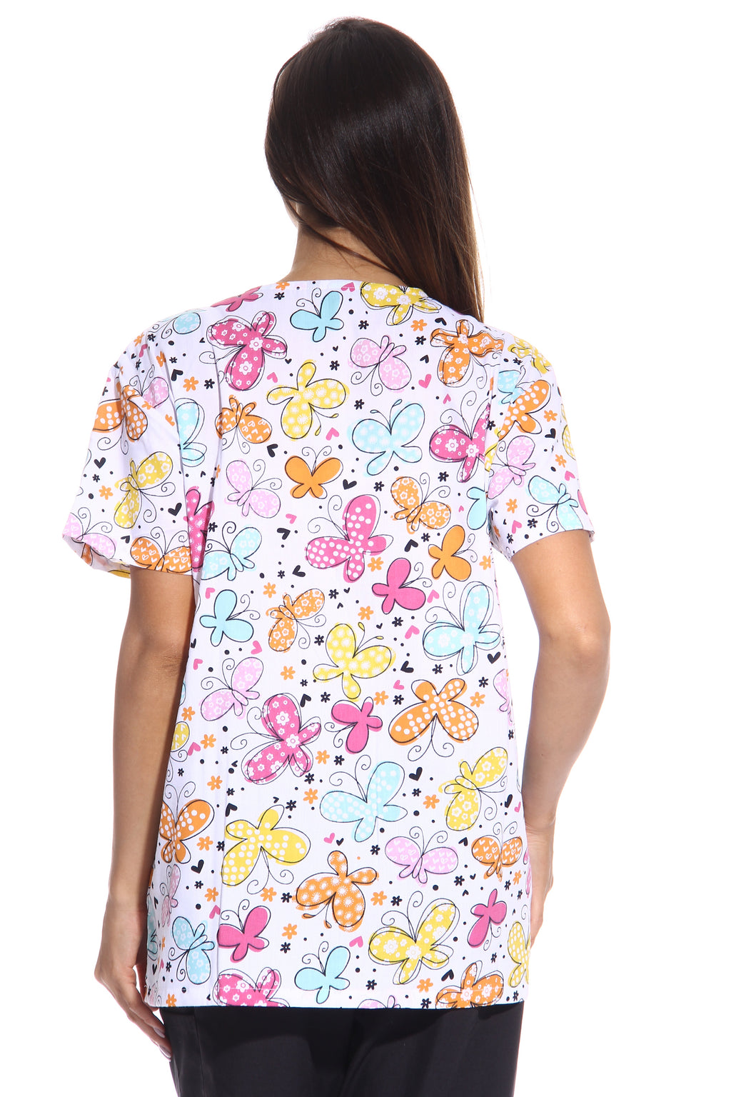 Women'S Medical V-Neck Scrub Tops (White Butterfly, Small)