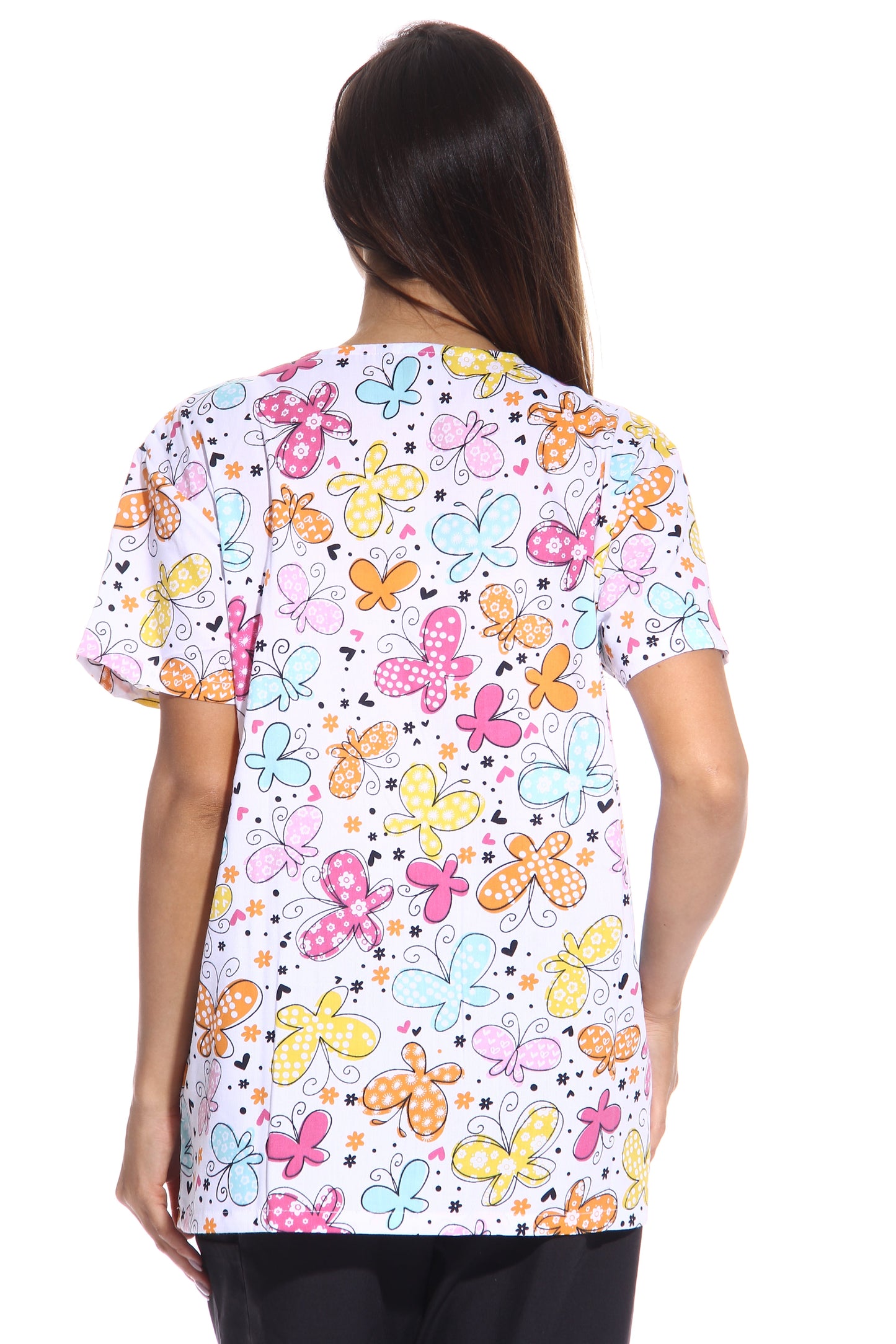 Women'S Medical V-Neck Scrub Tops (White Butterfly, Small)