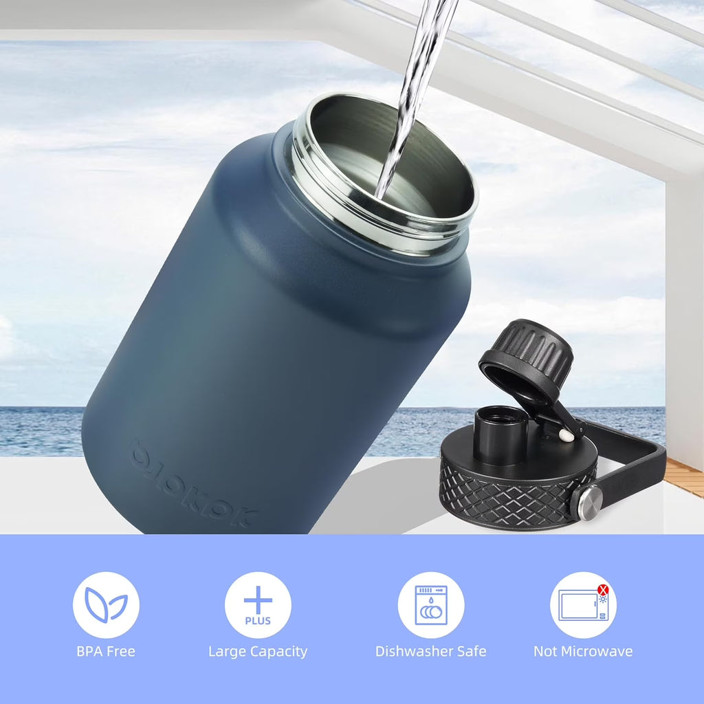 Insulated Water Bottles with Straw Lid,50Oz Large Water Bottle,Stainless Steel Vacuum Water Bottle,Hot & Cold Insulated Water Bottles with 3 Lids and Paracord Handle, Black