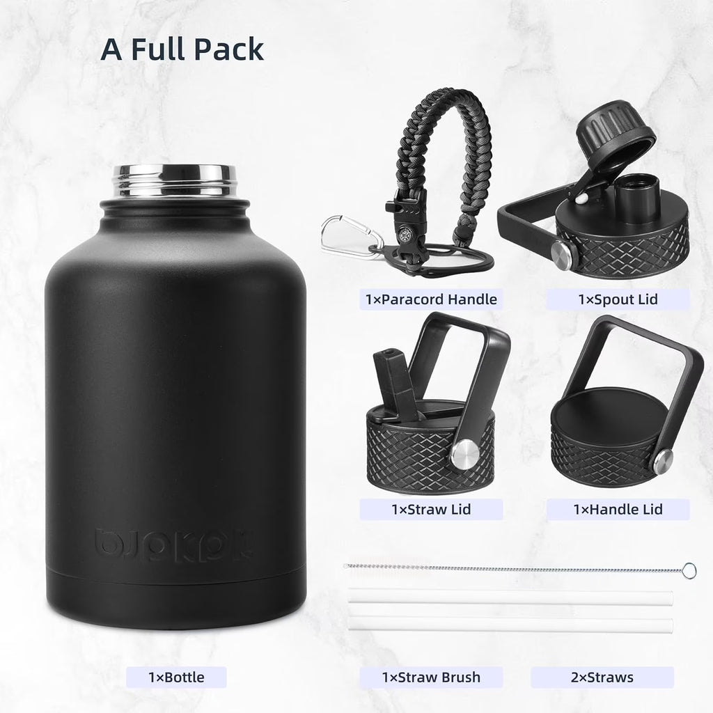 Insulated Water Bottles with Straw Lid,50Oz Large Water Bottle,Stainless Steel Vacuum Water Bottle,Hot & Cold Insulated Water Bottles with 3 Lids and Paracord Handle, Black