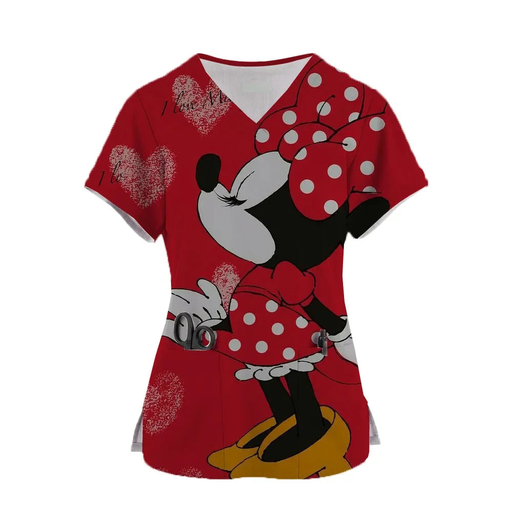 Nurse Uniform Disney Mickey Mouse Pocket V-Neck Nursing Scrubs Tops Workwear T-shirt Women Fashion Overalls Medical Uniforms