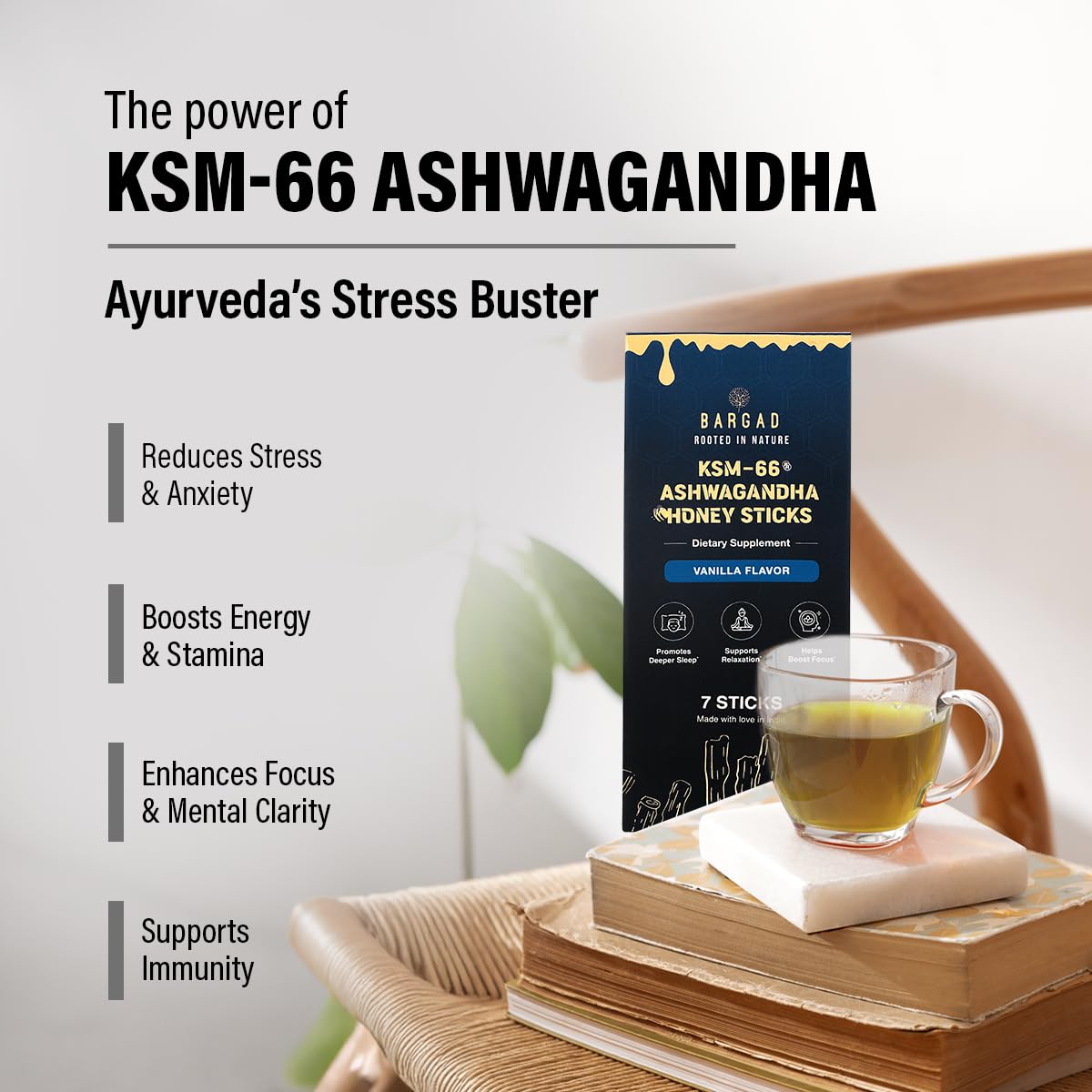 Bargad KSM-66 Ashwagandha Honey Sticks – Premium Organic Honey Infused with Adaptogenic Ashwagandha, Helps Promote Relaxation & Focus, Boosts Energy & Vitality, No Artificial Additives – 7 Count