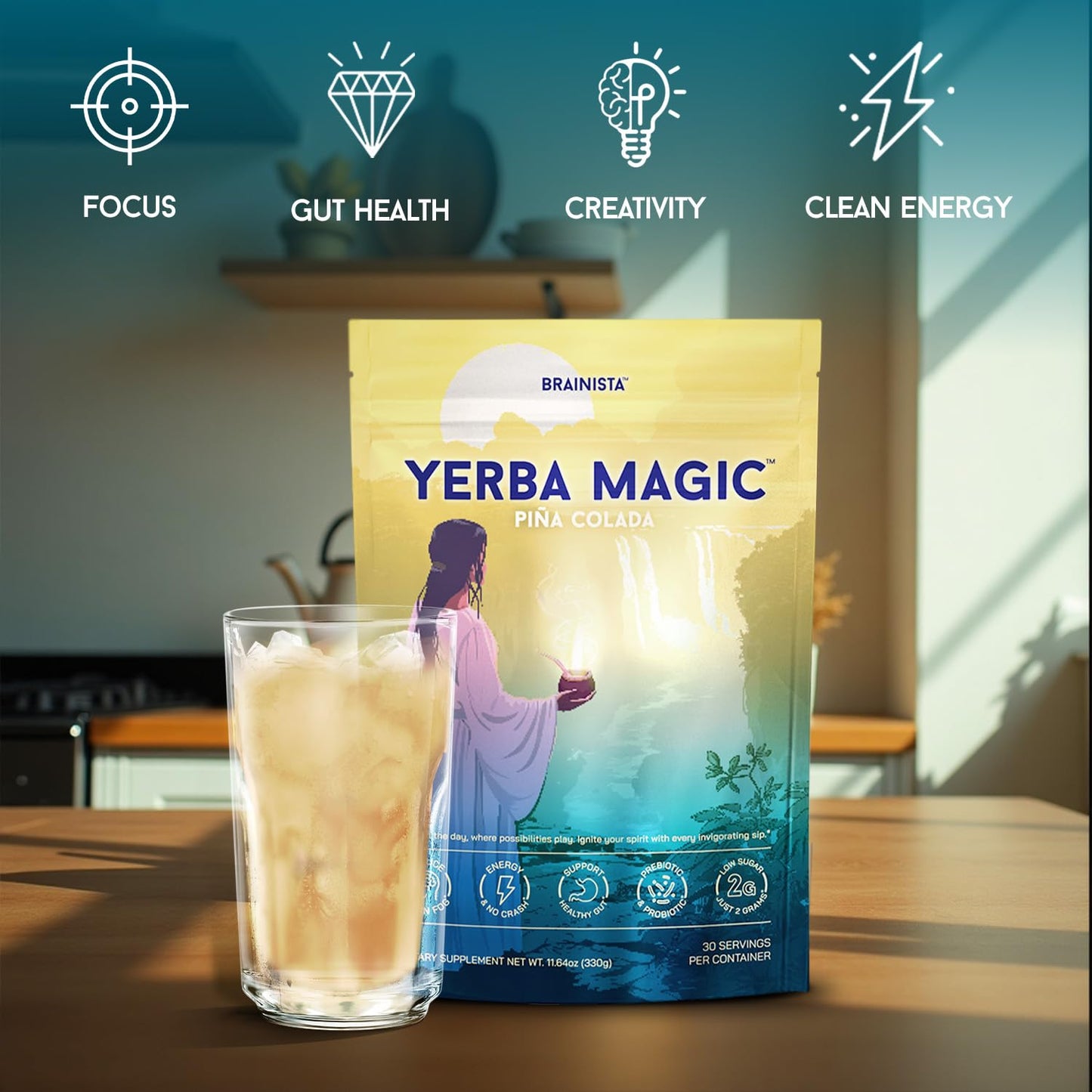 Yerba Mate Instant Tea Powder, 3-in-1 Super Drink - Clean Energy, Brain Fog Buster, and Gut Health Powered by Nootropics, Prebiotics and Probiotics | Yerba Magic Pina Colada 30 Servings