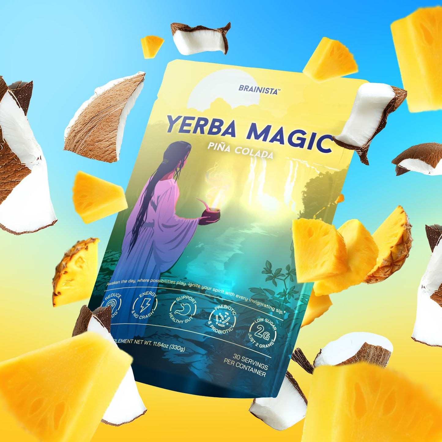 Yerba Mate Instant Tea Powder, 3-in-1 Super Drink - Clean Energy, Brain Fog Buster, and Gut Health Powered by Nootropics, Prebiotics and Probiotics | Yerba Magic Pina Colada 30 Servings