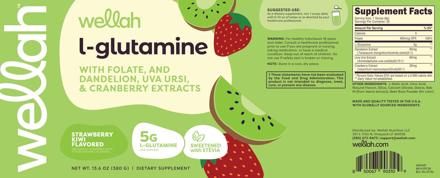Wellah L-Glutamine Powder Strawberry Kiwi (50 Servings) - 5g L-Glutamine Per Serving, Sweetened with Stevia