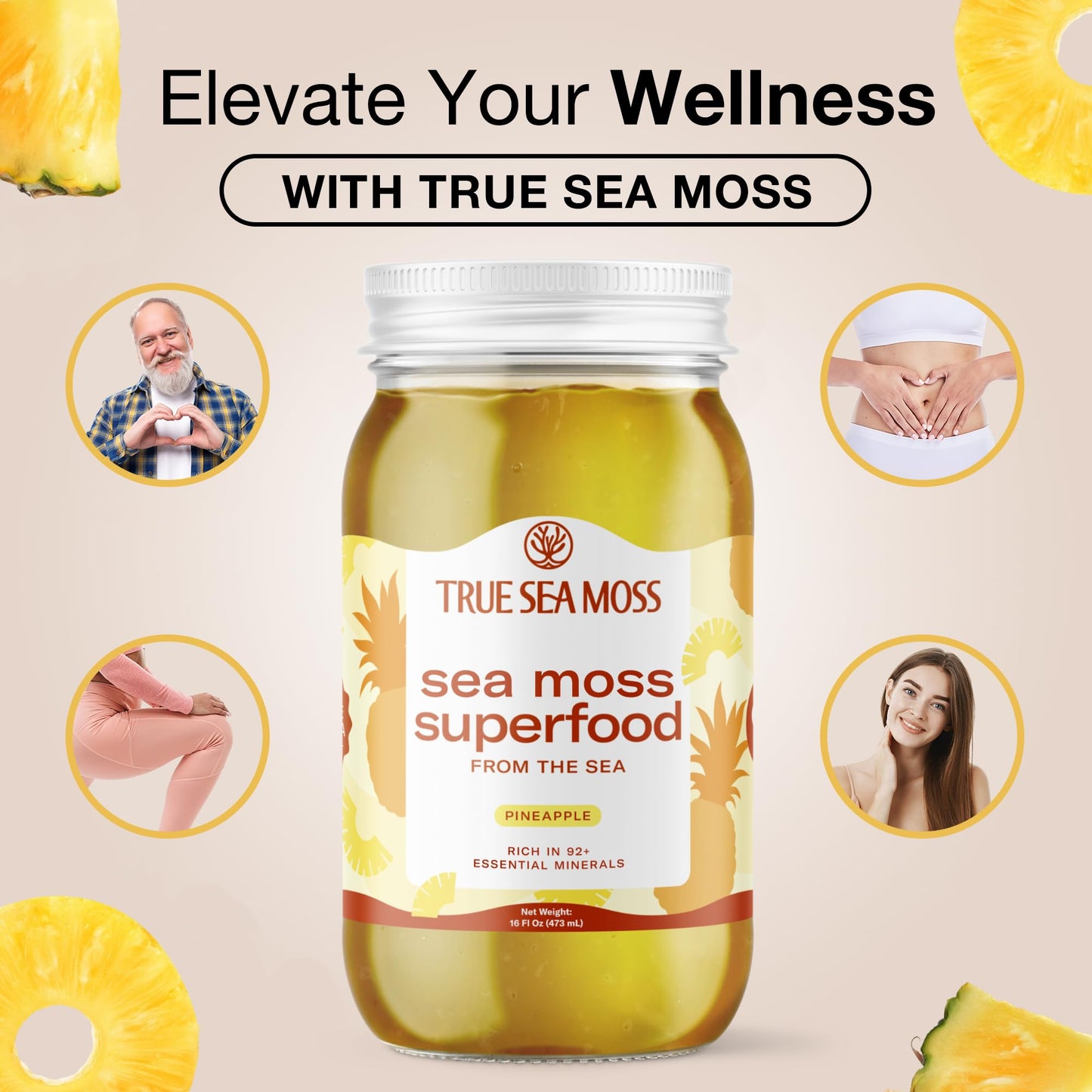 TrueSeaMoss Sea Moss Gel – Made in USA – Wildcrafted Seamoss, Fresh Fruits & Sea Vegetables – Pineapple, Pack of 1 (Labels may Vary)