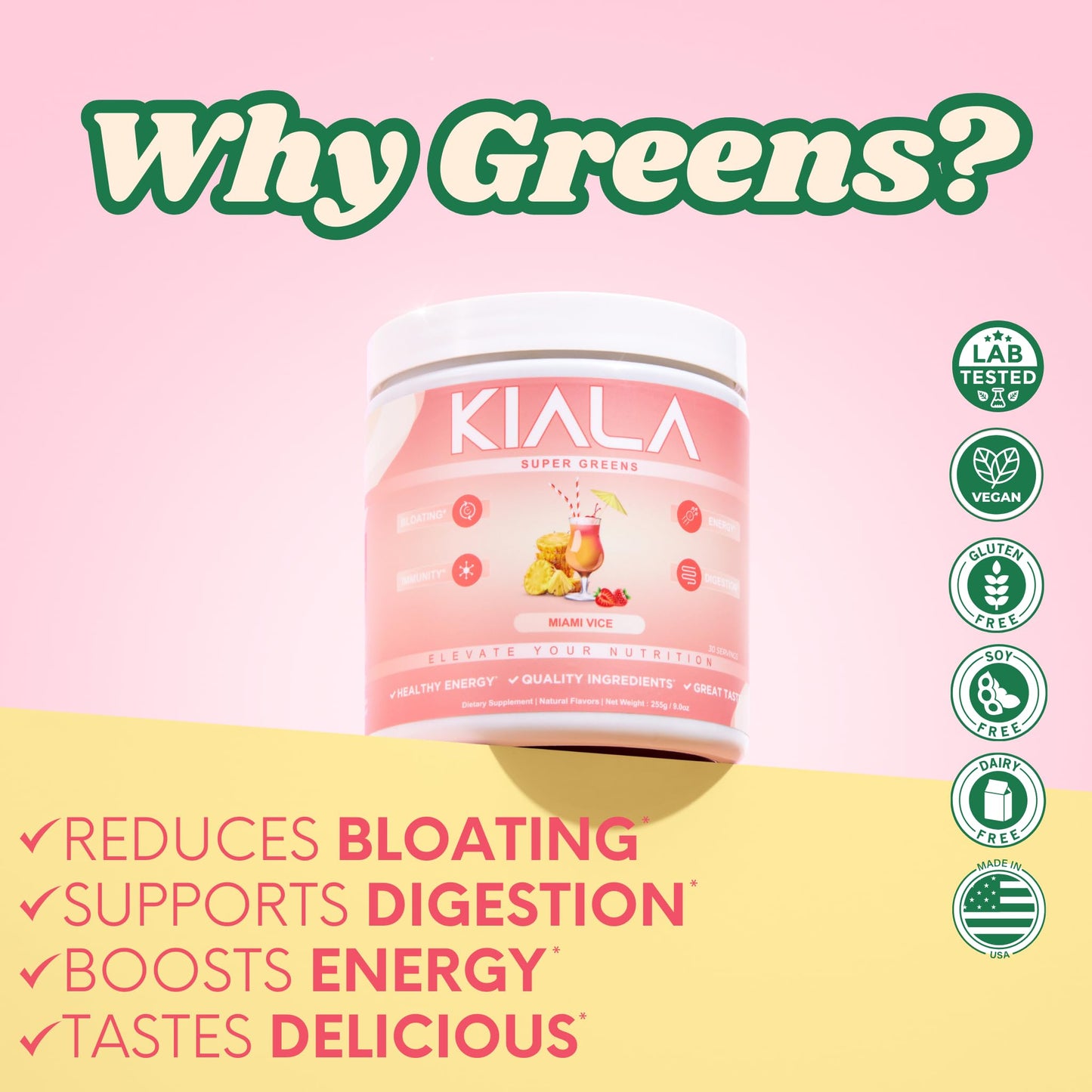 Kiala Nutrition Super Greens, Organic Greens Powder with Spirulina & Chlorella for Digestion, Gut Health, Immunity & Energy, Gluten Free, Vegan, Miami Vice + Watermelon Slush, 30 Servings Each