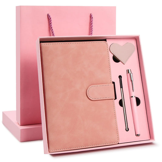 Ciyanwcx Leather Notebook Gift Set - A5 Hardcover Journal with Pen & 6 Heart Bookmarks, Gift Box + Bag (Pink)