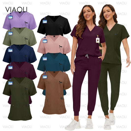 Scrubs Uniform Suit Short Sleeve V-neck Tops+jogger Pants Set Nursing Uniform Women Multicolor Pet Doctor Scrub Medical Workwear