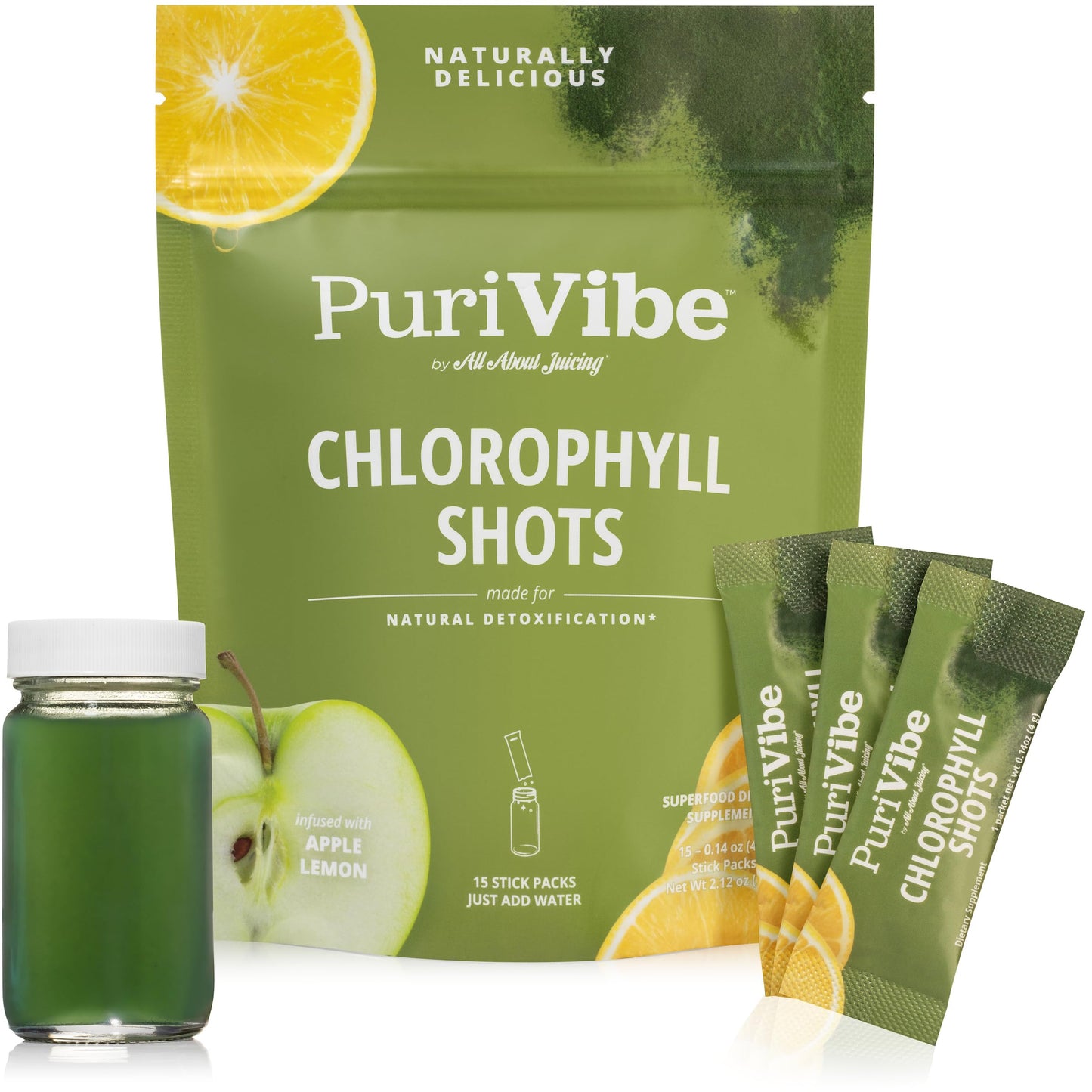 All About Juicing PuriVibe Chlorophyll Shots | Superfood Juice Powder, Wellness Shot Supplement - 2X Strength - Green Juice - Infused with Lemon & Apple - 15 Stick Packs