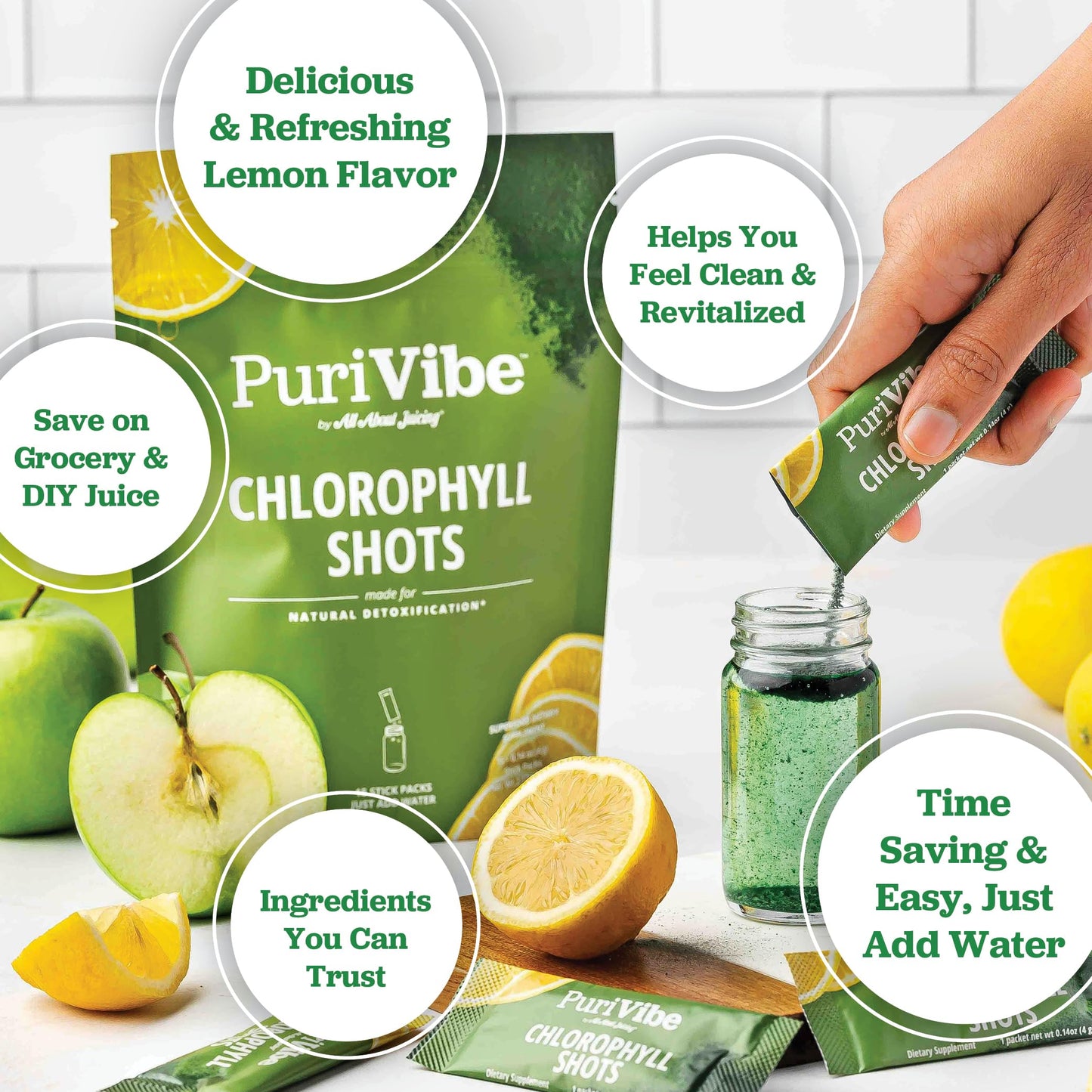 All About Juicing PuriVibe Chlorophyll Shots | Superfood Juice Powder, Wellness Shot Supplement - 2X Strength - Green Juice - Infused with Lemon & Apple - 15 Stick Packs