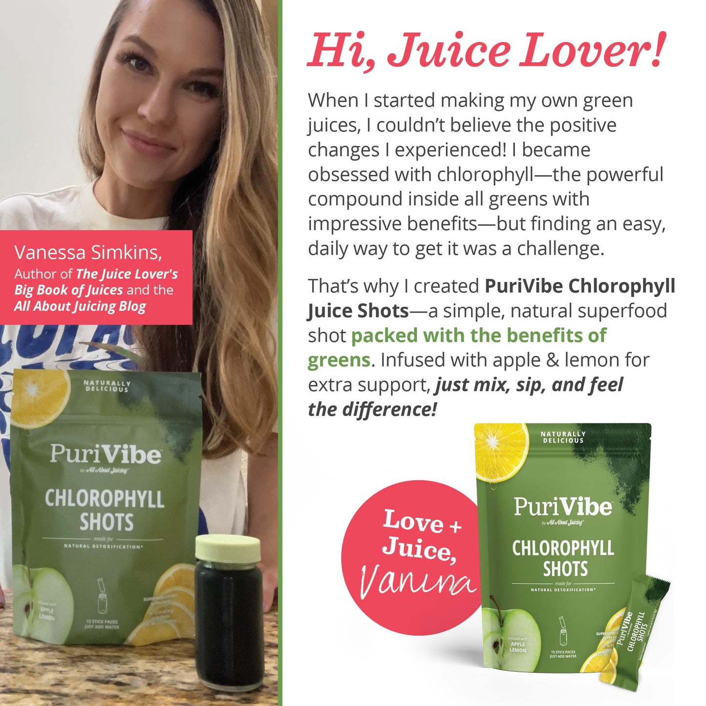 All About Juicing PuriVibe Chlorophyll Shots | Superfood Juice Powder, Wellness Shot Supplement - 2X Strength - Green Juice - Infused with Lemon & Apple - 15 Stick Packs