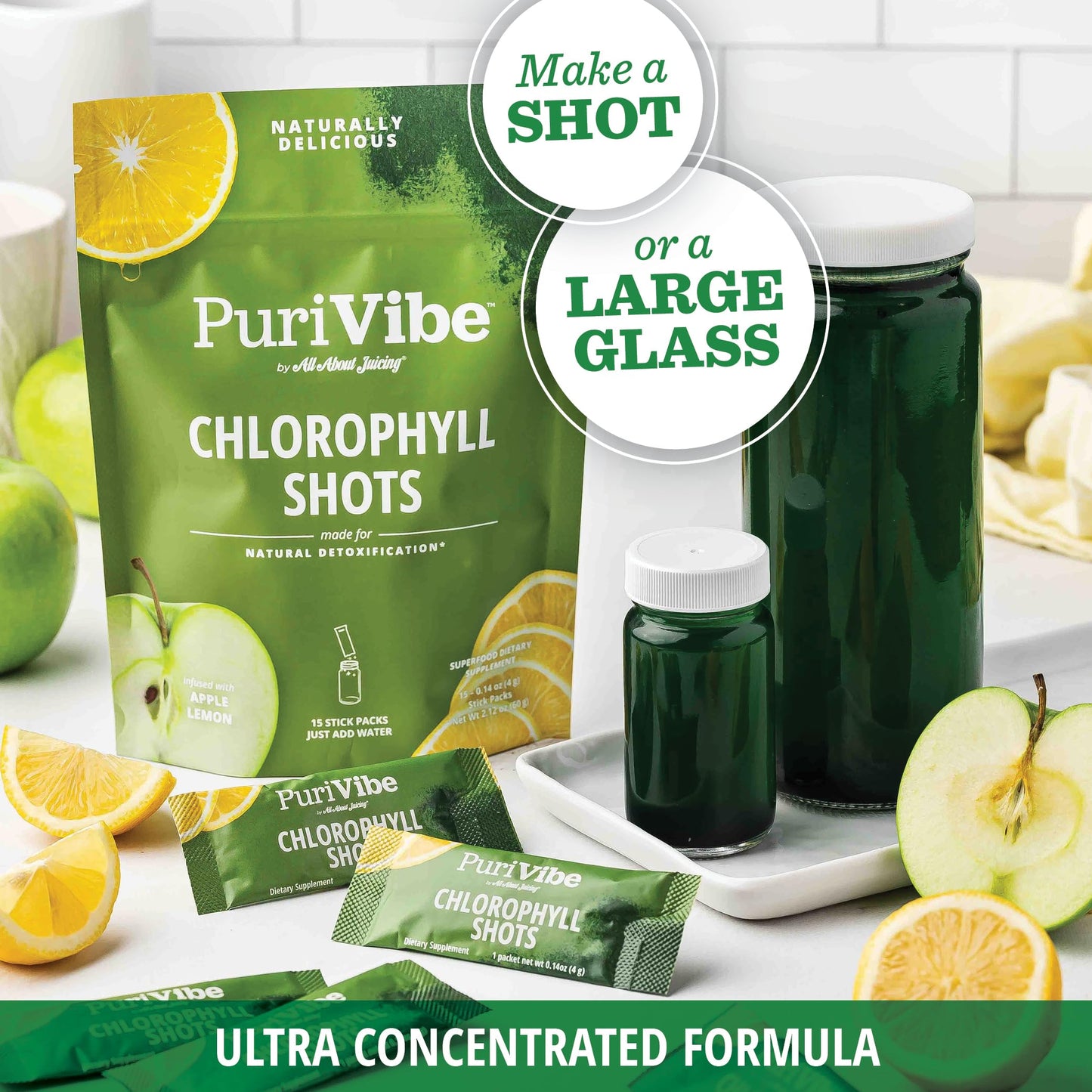 All About Juicing PuriVibe Chlorophyll Shots | Superfood Juice Powder, Wellness Shot Supplement - 2X Strength - Green Juice - Infused with Lemon & Apple - 15 Stick Packs