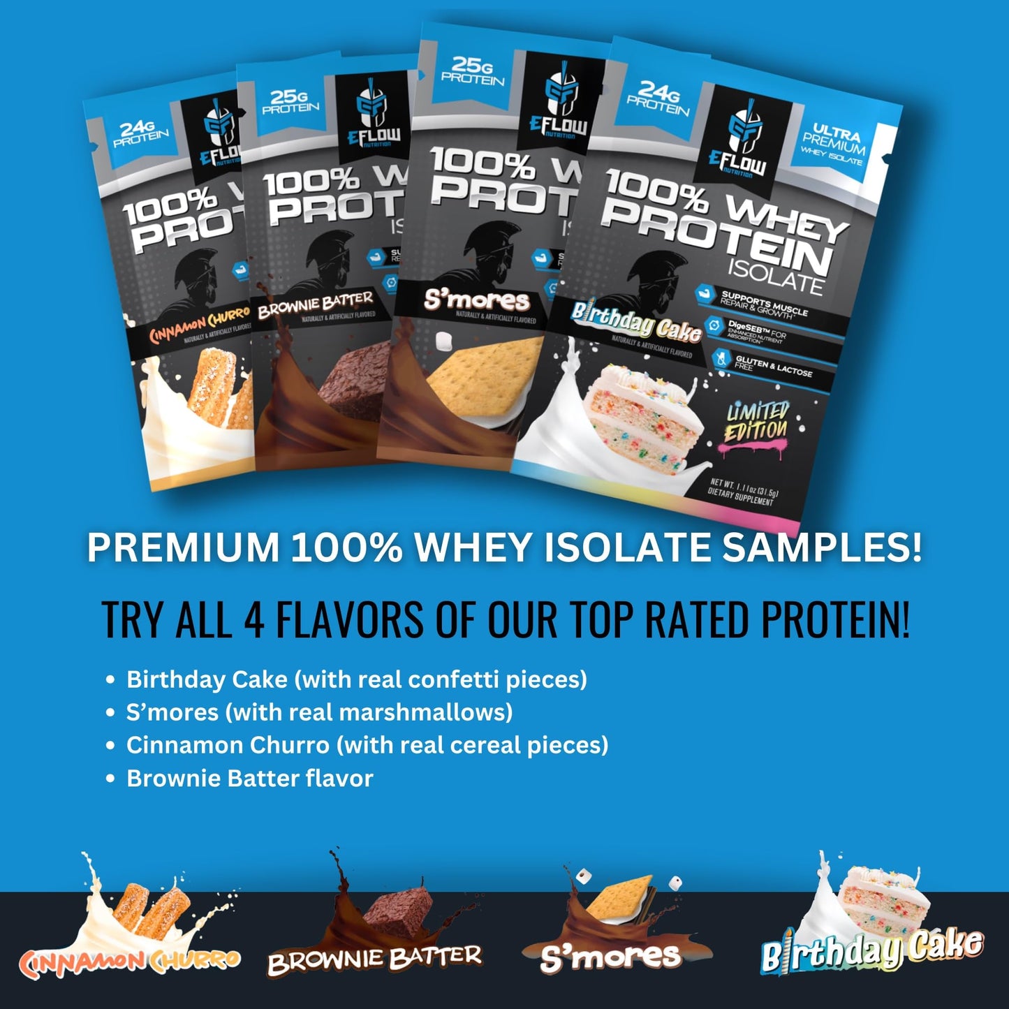 eFlow Nutrition Whey Protein Sample Variety - Isolate Protein Powder Samples, Low Calorie, Fast-digesting, Premium Quality, Travel Packs, Low Carb (8 Pack (2 of Each Flavor))