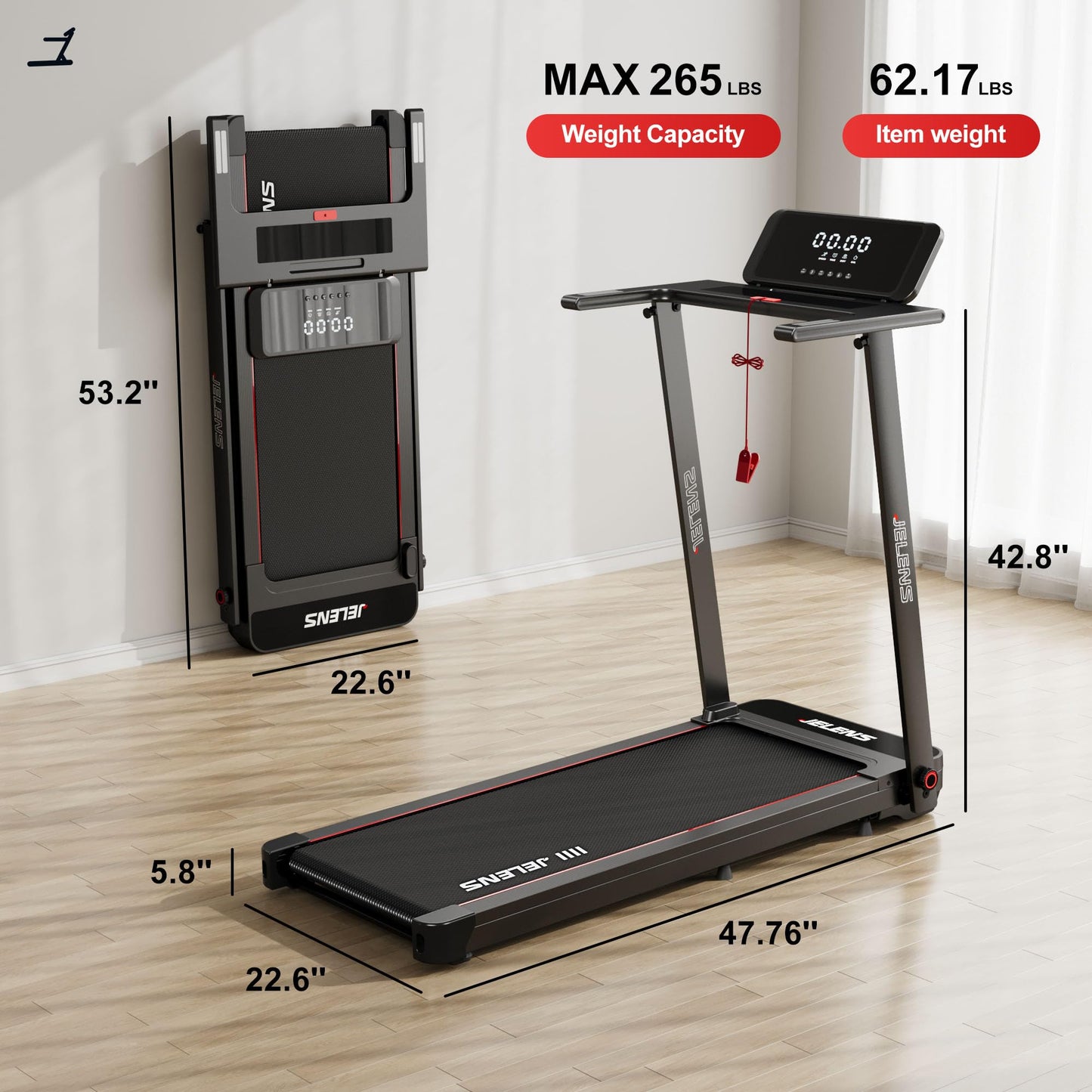 Treadmill with Desk Workstation, Walking Treadmill Pad, Portable Desk Treadmills for Home Small, Foldable Walking Pad with Handle Bar (Black)