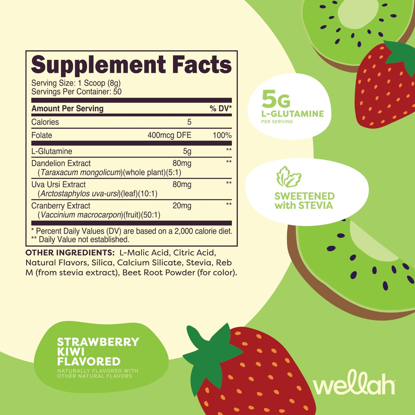 Wellah L-Glutamine Powder Strawberry Kiwi (50 Servings) - 5g L-Glutamine Per Serving, Sweetened with Stevia