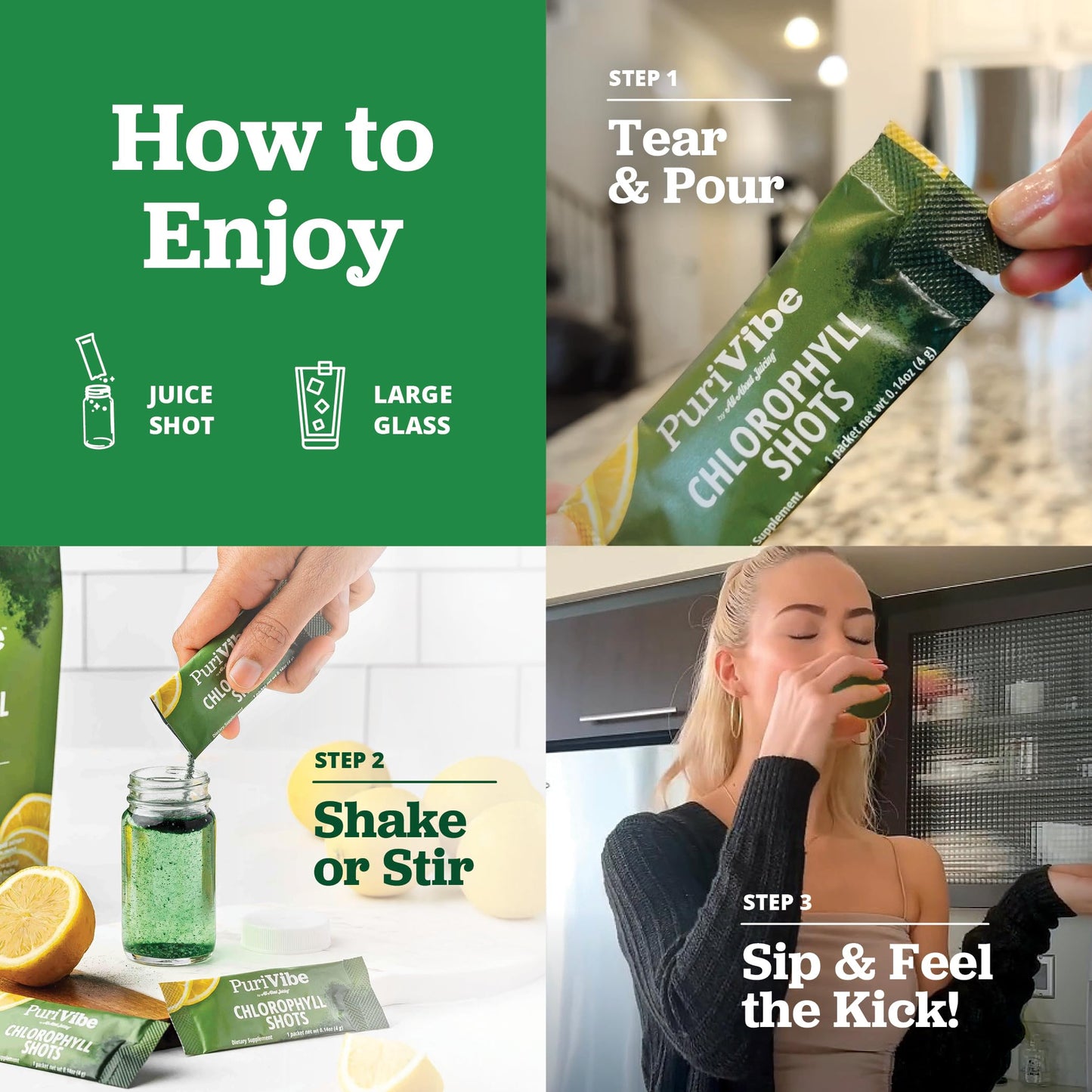 All About Juicing PuriVibe Chlorophyll Shots | Superfood Juice Powder, Wellness Shot Supplement - 2X Strength - Green Juice - Infused with Lemon & Apple - 15 Stick Packs