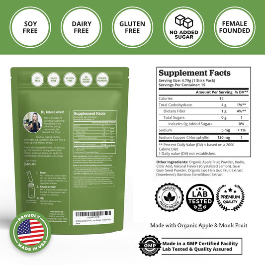 All About Juicing PuriVibe Chlorophyll Shots | Superfood Juice Powder, Wellness Shot Supplement - 2X Strength - Green Juice - Infused with Lemon & Apple - 15 Stick Packs