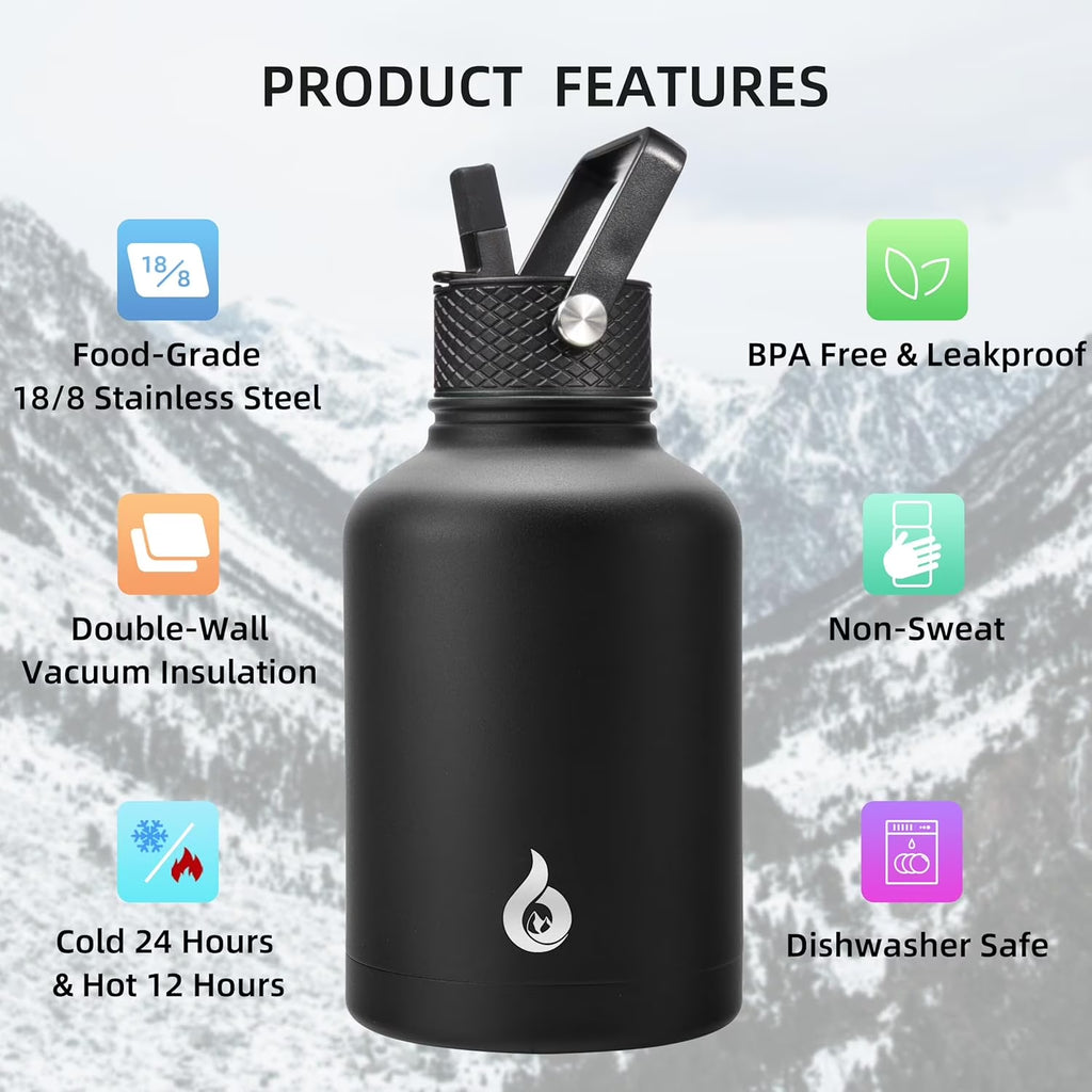 Insulated Water Bottles with Straw Lid,50Oz Large Water Bottle,Stainless Steel Vacuum Water Bottle,Hot & Cold Insulated Water Bottles with 3 Lids and Paracord Handle, Black