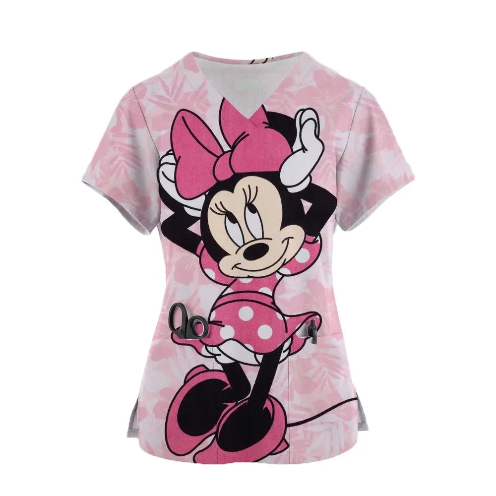 Nurse Uniform Disney Mickey Mouse Pocket V-Neck Nursing Scrubs Tops Workwear T-shirt Women Fashion Overalls Medical Uniforms