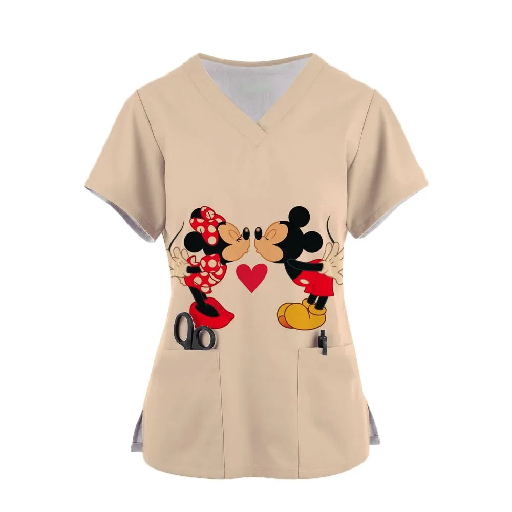 Nurse Uniform Disney Mickey Mouse Pocket V-Neck Nursing Scrubs Tops Workwear T-shirt Women Fashion Overalls Medical Uniforms