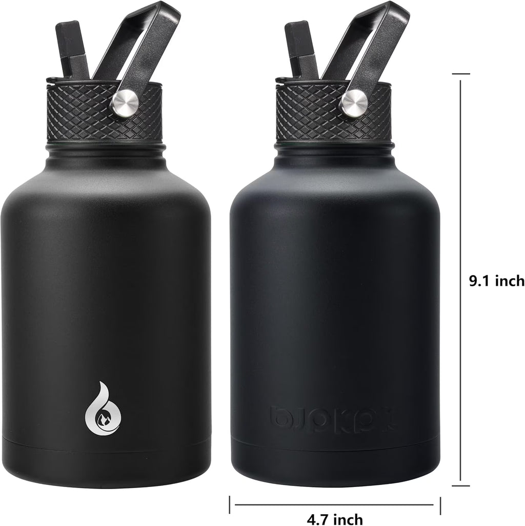 Insulated Water Bottles with Straw Lid,50Oz Large Water Bottle,Stainless Steel Vacuum Water Bottle,Hot & Cold Insulated Water Bottles with 3 Lids and Paracord Handle, Black