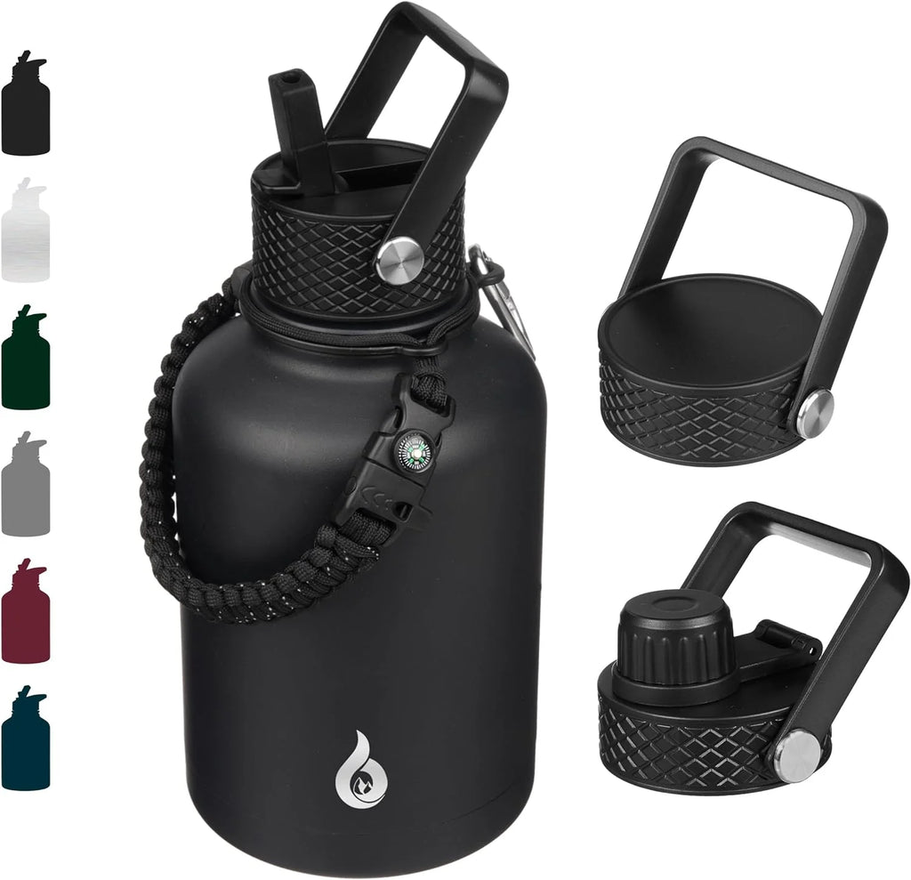 Insulated Water Bottles with Straw Lid,50Oz Large Water Bottle,Stainless Steel Vacuum Water Bottle,Hot & Cold Insulated Water Bottles with 3 Lids and Paracord Handle, Black