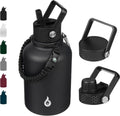 Insulated Water Bottles with Straw Lid,50Oz Large Water Bottle,Stainless Steel Vacuum Water Bottle,Hot & Cold Insulated Water Bottles with 3 Lids and Paracord Handle, Black