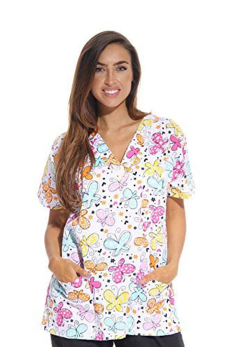 Women'S Medical V-Neck Scrub Tops (White Butterfly, Small)